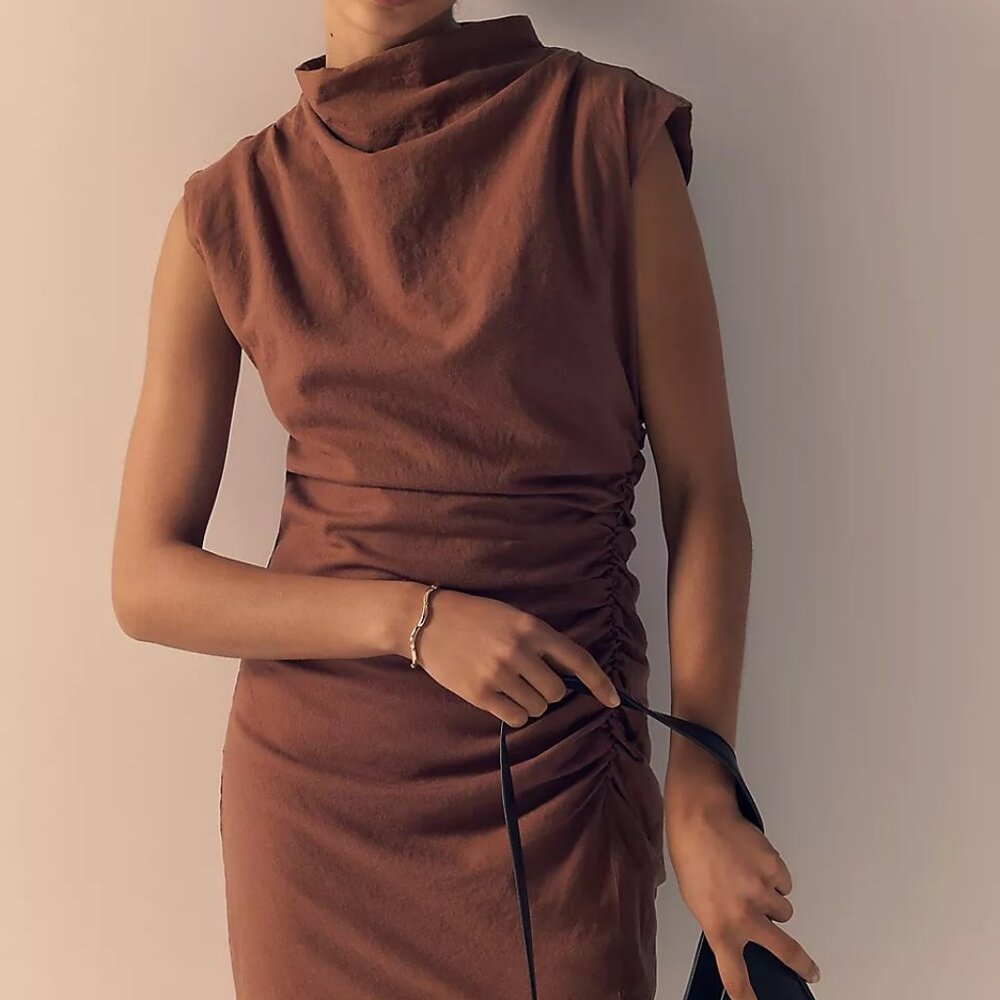 Anthropologie: “Maya” Linen Ruched Cowl-Neck Mini Dress — XS